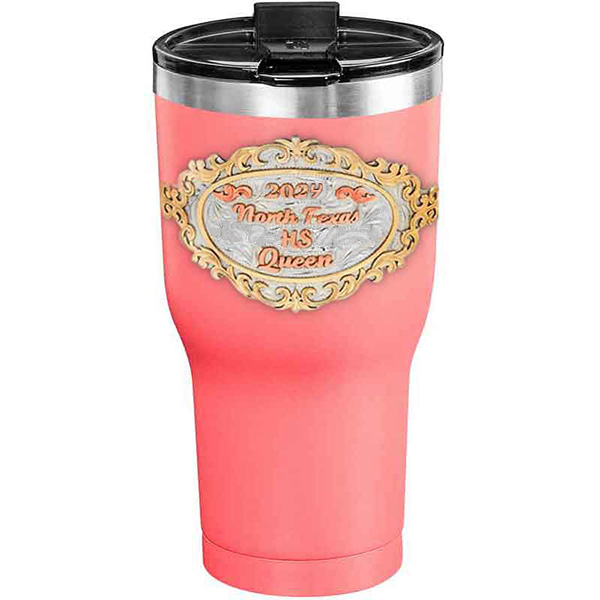 A customized tumbler made of stainless steel with a personalized engraved initials and North Texas High School Queen lettering, 30 oz, ideal for coffee or cool drinks